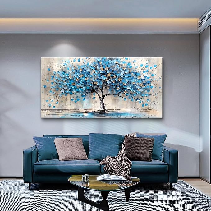 Lapremoly Textured Abstract Wall Pictures Artwork Large Wall Decor For Living Room Framed Canvas Wall Art For Bedroom Office Decor Blue Tree Paintings Panoramic Landscape Prints Home Decor 48"X24"