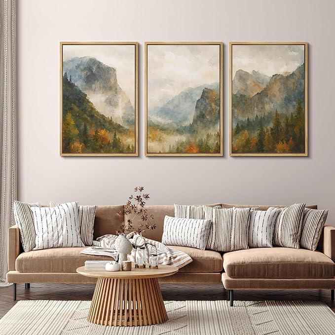 SIGNFORD Framed Wall Art Print Set Misty Mountain Valley Watercolor Serene Nature Landscape Digital Art Modern Art Contemporary for Living Room, Bedroom, Office - 16"x24"x3 Natural
