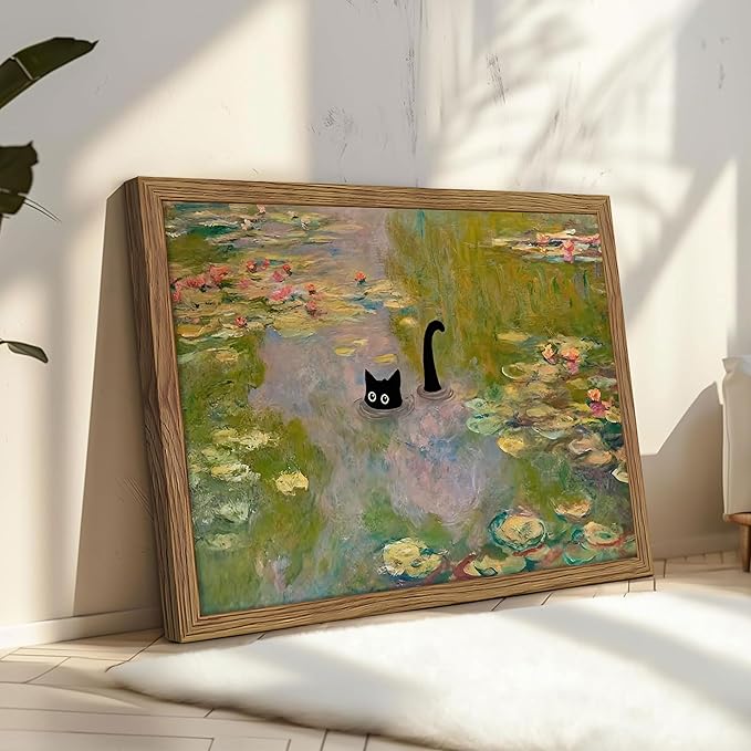 Framed Cat Wall Art, Pink Whimsical Claude Monet Wall Decor, Funny Black Cat Bathroom Pictures Paintings, Vintage Cute Animal Water Lilies Aesthetic Posters Prints for Bathroom Bedroom 12x16 Inch