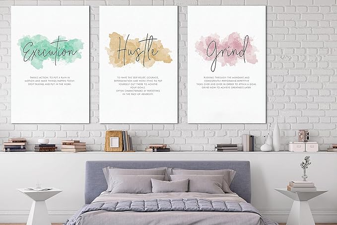 SHMAO Office Canvas Wall Art Motivational Wall Decor, 3 Piece Execution Hustle Grind Print Pictures for Office Wall Decor Women Inspirational Framed Artwork Home Office Decor 24”x36”x3 Panels