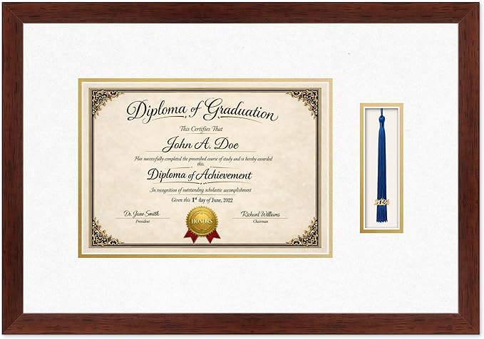 Diploma Frame with Tassel Holder Rustic Walnut Shadowbox Oyster Shell Over Gold Mat - Fits 11.69 x 8.27 Degree Made in the USA