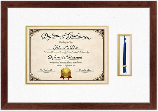 Diploma Frame with Tassel Holder Rustic Walnut Shadowbox Oyster Shell Over Gold Mat - Fits 11.69 x 8.27 Degree Made in the USA