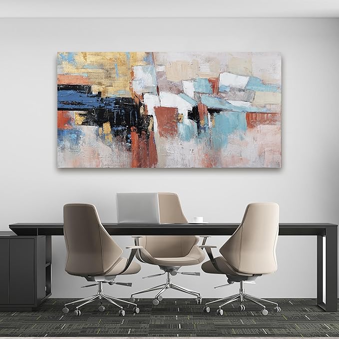 KUPTEU Canvas Wall Art Decor Large Wall Art For Living Room Abstract Art Blue Canvas Art Work Gold Wall Art Decor Colorful Abstract Wall Art Prints For Bedroom Office Kitchen Wall Decor 24" x 48"