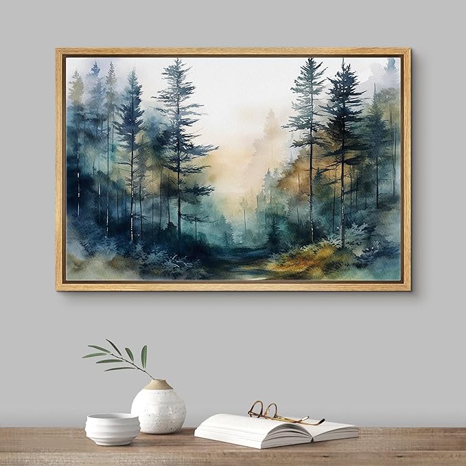 SIGNFORD Framed Canvas Print Wall Art Pine Tree Forest Nature Wilderness Realism Decorative Landscape Relax/Calm for Living Room, Bedroom, Office - 16"x24" Natural