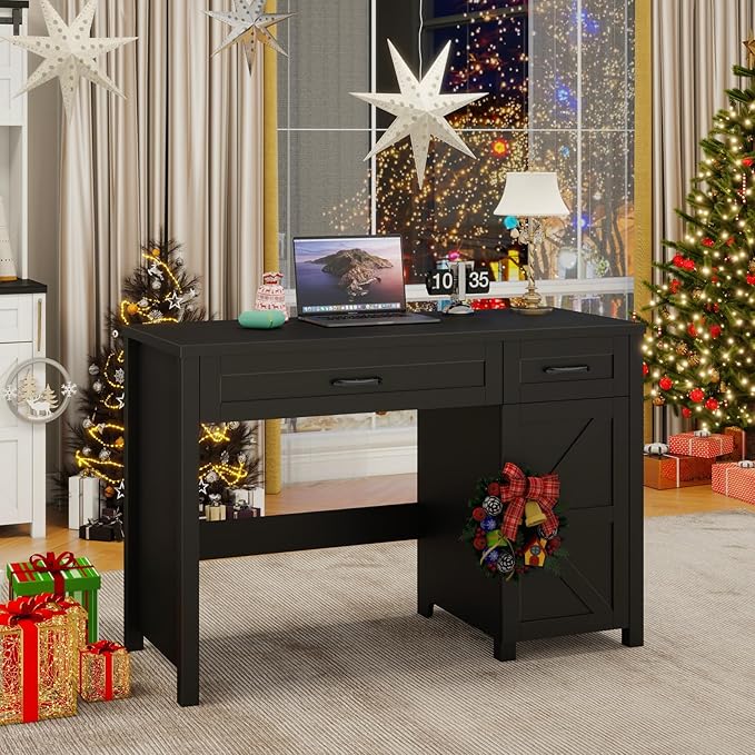 Farmhouse 47" Executive Desk, Computer Desk with Drawers and Storage Cabinet, Workstation for Home Office and Study.(Pure Black)