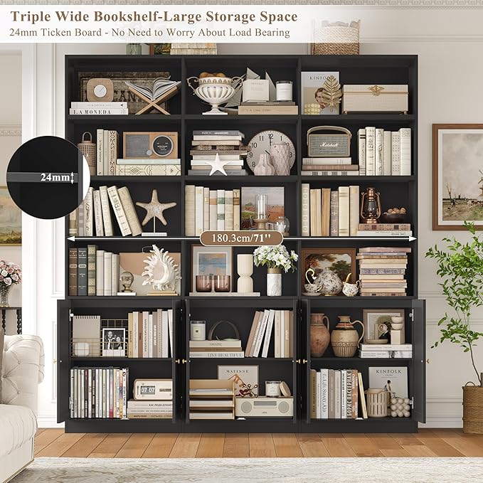 FACBOTALL 75" Triple Wide Bookshelf, Bookshelf and Bookcase with 6 Farmhouse Doors, 71" Wide 6 Tier Book Shelf with 18 Storage Shelves, Large Wooden Bookshelves, Tall Bookcase for Home Office, Black