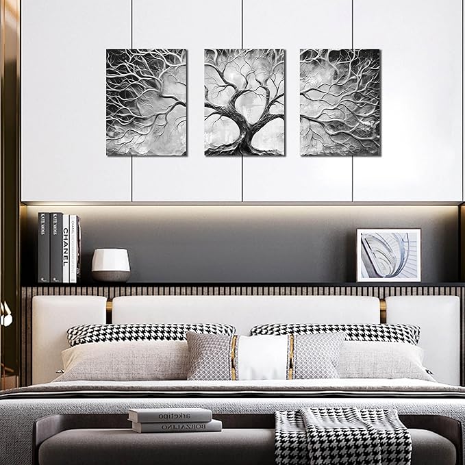 Tree Wall Art for Living Room - Modern Black and White Pictures Wall Art for Bedroom - 3 Piece Wall Decor for Office Size 12" x 16"