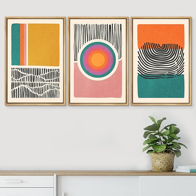 SIGNWIN Framed Canvas Print Wall Art Set Mid-Century Multicolor Color Block Shape Abstract Geometric Illustrations Graffiti & Street Art Modern Art for Living Room, Bedroom, Office - 16"x24"x3 NATURAL
