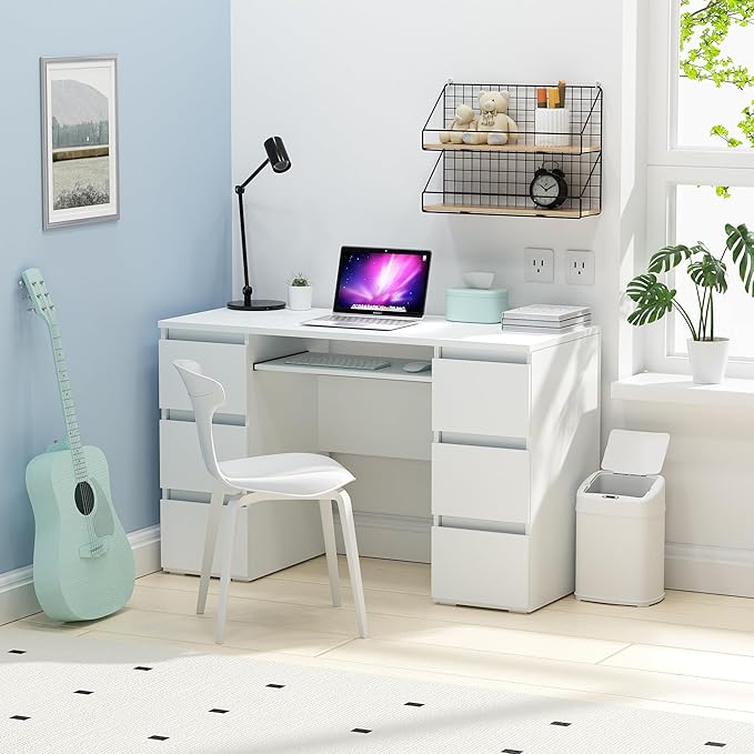 White Desk with Drawers Computer Desk for Bedroom, Home Office Table with Storage, 47 Inch Writing Wood Desks Executive Desks, Workbench Study Counter Small Gaming Table, White