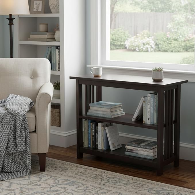 Alaterre Furniture Mission 3-Tier Under Window Bookshelf with Adjustable Middle Shelf and Vertical Slat Side Panels – Space Saving Bookcase for Office, Living Room, or Bedroom (Espresso)