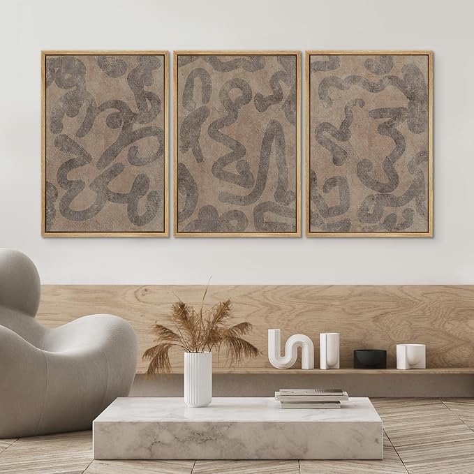 SIGNWIN Framed Canvas Print Wall Art Set Rustic Abstract Earth Tone Curved Line Design Illustrations Modern Art Decorative Abstract for Living Room, Bedroom, Office - 16"x24"x3 Natural