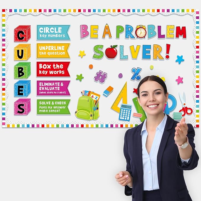 Pajean Math Bulletin Board Mathematics Cubes Classroom Decoration Be a Problem Solver Colorful Cutout for Back to School First Day Window Door Wall Elementary Preschool Teacher Supplies