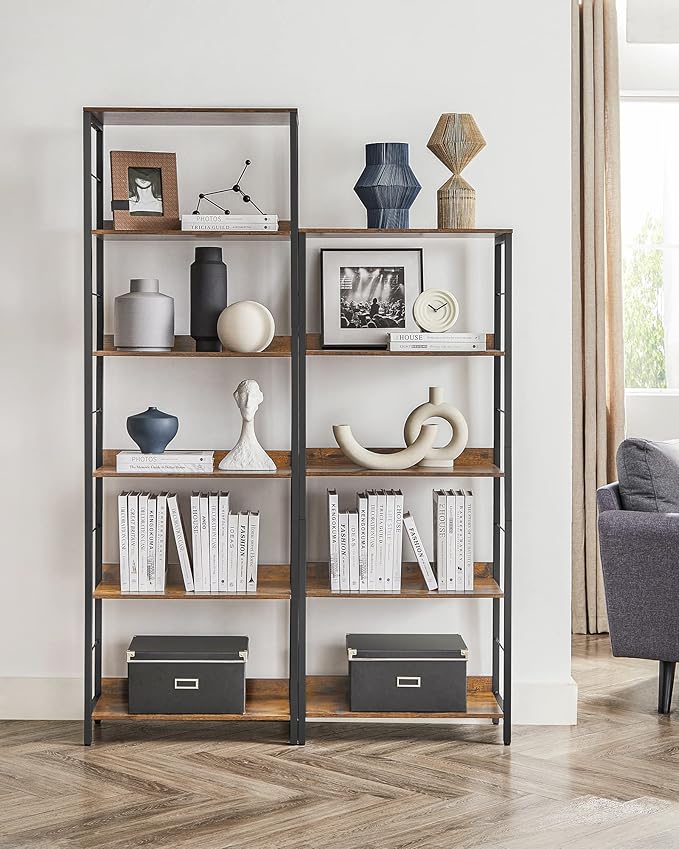 VASAGLE 6-Tier Bookshelf, Bookcase for Office, 11.8 x 23.6 x 70.1 Inches, Shelving Unit, with Back Panels, Industrial Style, for Living Room, Study, Home Office, Rustic Brown and Ink Black ULLS118B01