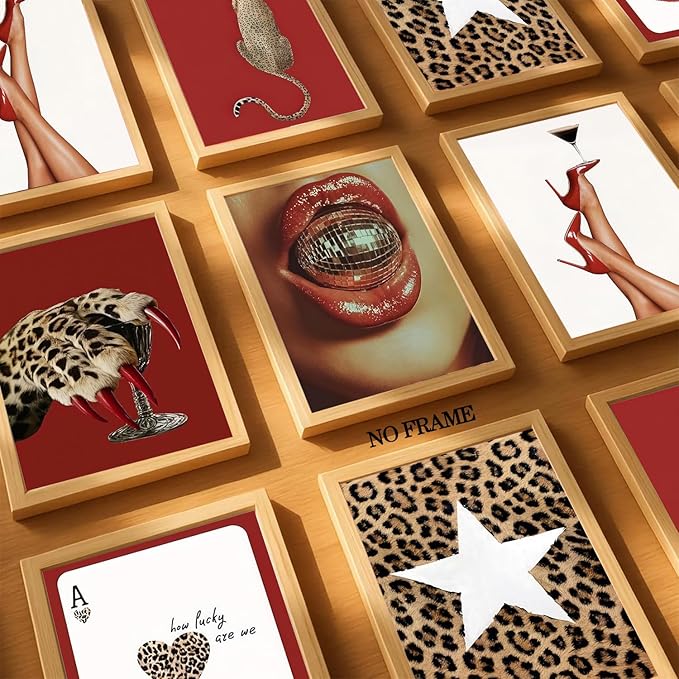 Trendy Leopard Wall Art Poster Set of 6, Red Funky Cheetah Martini Disco Ball Lip Pictures Wall Decor, Fashion Preppy Coquette Paintings Prints for Living Room Bedroom Dorm 12x16 inch Unframed