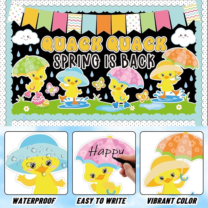 AnyDesign 90 Pcs Spring Duck Bulletin Board Decoration Rubber Duck Quack Spring is Back Paper Cutouts with 150 Pcs Glue Points for Holiday Party Classroom Wall Decor