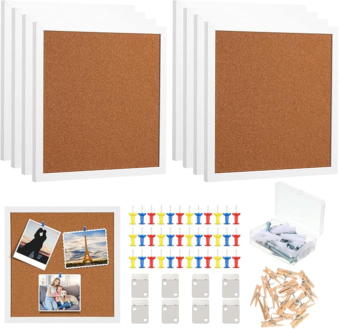 Treela 8 Packs Cork Bulletin Board with Frame, Decorative Linen Bulletin Cork Board Small Push Pin with 32 Push Pin 16 Clips for Office Welcome Back to School Wall Home Supplies(White,Square)