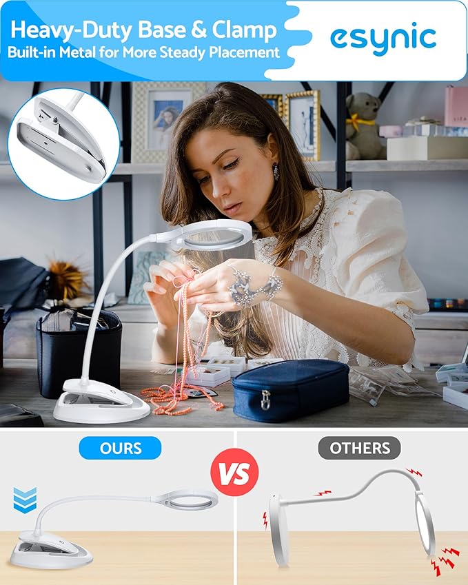 eSynic Lighted Magnifying Glass with Stand-USB-C Rechargeable-5X&10X Magnification-4.3" Large Lens-Desk Magnifier Lamp With Clamp & Heavy Base-3 Levels Brightness-Flexible Gooseneck for Reading Crafts