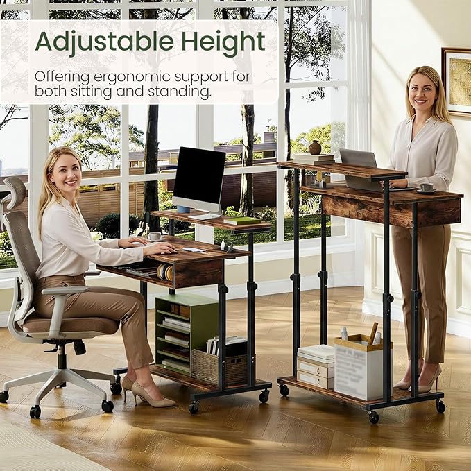 Computer Desk, Standing Desk on Wheels, Rolling Desk with Charging Station, Height-Adjustable Laptop Desk, for Living Room, Home Office, Rustic Brown and Black TDN08UBF