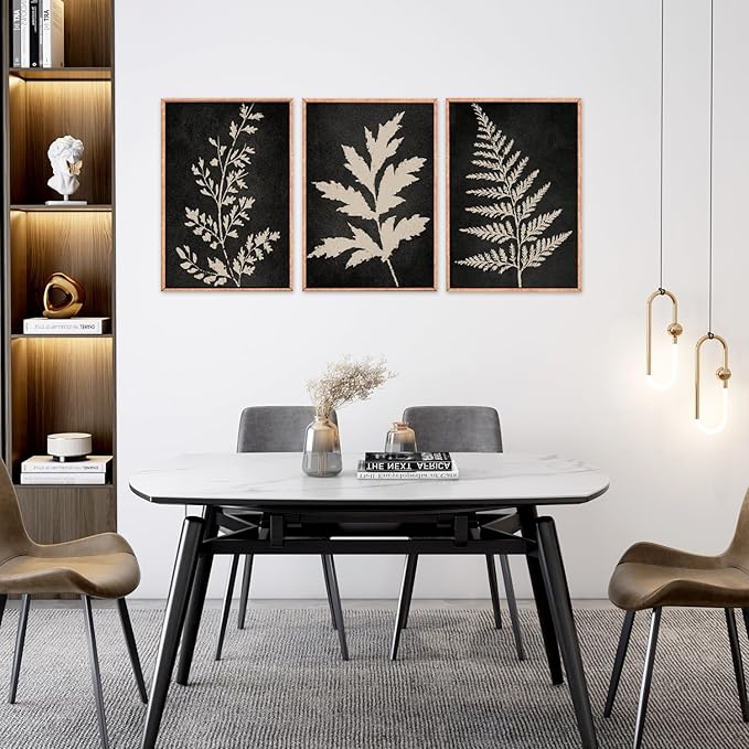 Ausril Black Tan Fern Leaf Framed Canvas Wall Art Set, Minimalist Botanical Wall Decor, Nature Fern Plant Silhouette Wall Painting, Modern Art Print for Living Room, Bedroom, Office 16"x24"x3