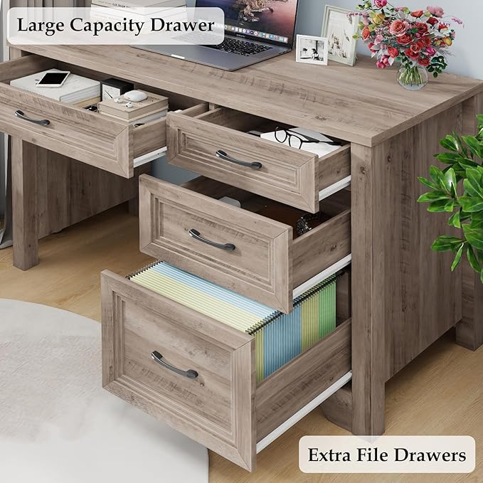 Farmhouse Executive Desk with Drawers, Wood Computer Desk with Ample File Drawer, Rustic Home Office Desk with Storage for Bedroom, Living Room, Grey