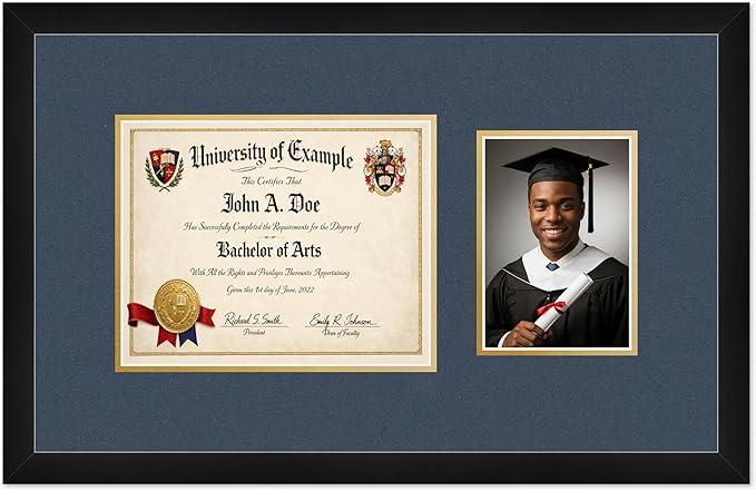 CountryArtHouse Fits 10 x 8 Professional License and 5 x 7 Photo Diploma and Photo Frame Matte Black Genuine Hardwood with Navy Blue Over Metallic Gold Double mat