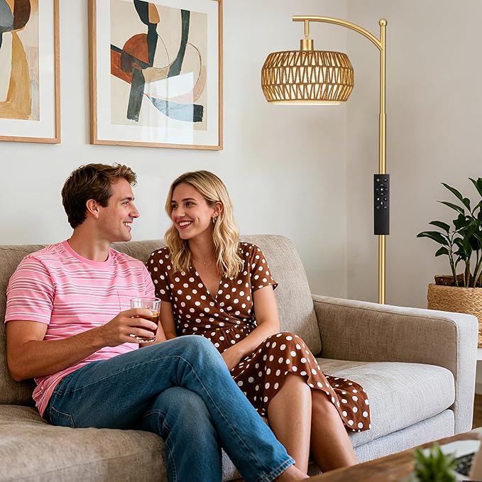 Ambimall Arc Floor Lamp for Living Room with Remote, Color Temperature & Brightness Adjustable, Bohemia Standing Lamp with Rattan & Fabric Double Drum Shades, Bulb Included(Gold)