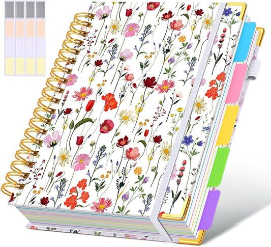 Hardcover Spiral Notebook Journal with Removable Dividers Tabs, 300 Pages 5 Subject Notebook College Ruled, 8"x10" Large Notebooks for Work School Note taking, Journal for Women, Flower White
