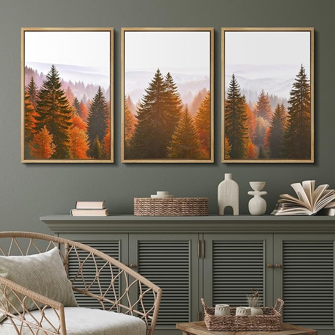 SIGNFORD Framed Wall Art Print Set Golden Autumn Forest Warm Sunrise Landscape Digital Art Modern Art Contemporary for Living Room, Bedroom, Office - 24"x36"x3 Natural