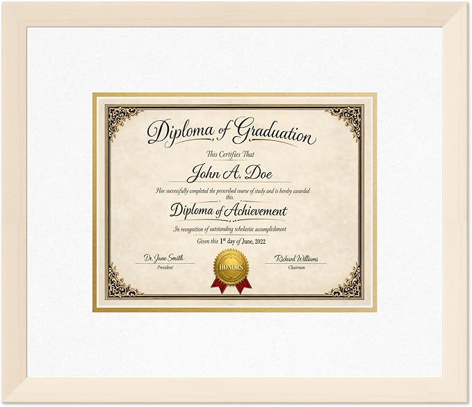 Diploma Frame Coastal Whitewash with Oyster Shell Over Gold Double Mat - Fits 11 x 8.5 US Letter Certificate Wall Display Made in the USA