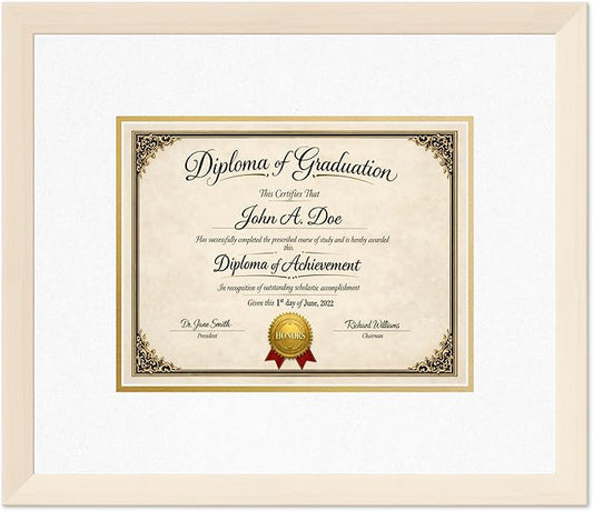 Diploma Frame Coastal Whitewash with Oyster Shell Over Gold Double Mat - Fits 11 x 8.5 US Letter Certificate Wall Display Made in the USA