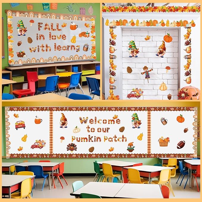 Kosiz Fall Bulletin Board Decoration Set 118 ft Thanksgiving Scalloped Bulletin Board Borders Classroom Poster Border Trim with 257 Pcs Letter Number Symbol Cutout for School Decor