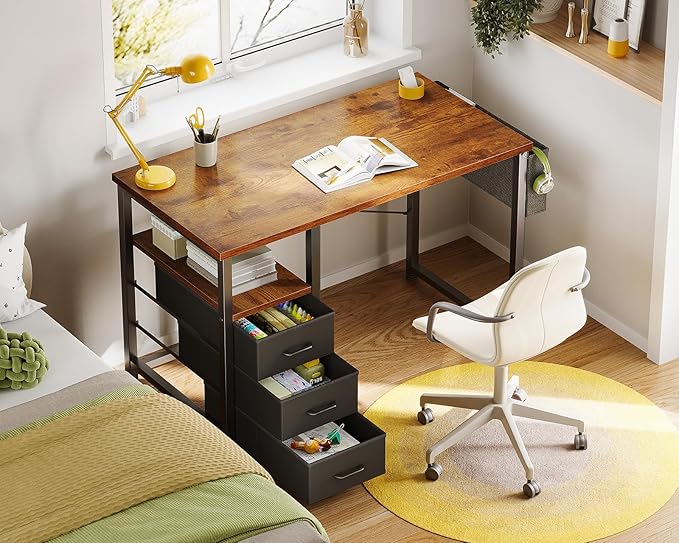AODK 32" Small Computer Desk with Fabric Drawers, Kids Girls Teen Study Writing Desk for Bedroom, Home Office Desk with Storage Shelf & Bag for Small Space, Vintage