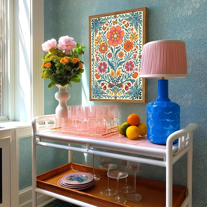 Framed Vintage Mexican Floral Canvas Wall Art, Colorful Folk Flower Wall Decor Pictures, Boho Botanical Painting Prints Rustic Home Decor for Living Room Bedroom 12x16 inch