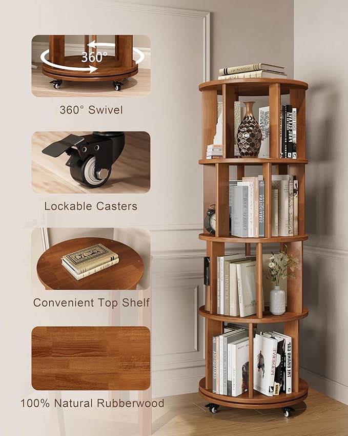 Rotating Bookshelf, 4 Tier Solid Wood Bookshelf Tower with Lockable Wheels, 360° Spinning Revolving Bookcase for Small Spaces, Corners, Bedroom, Kids Room, Home Office, Walnut