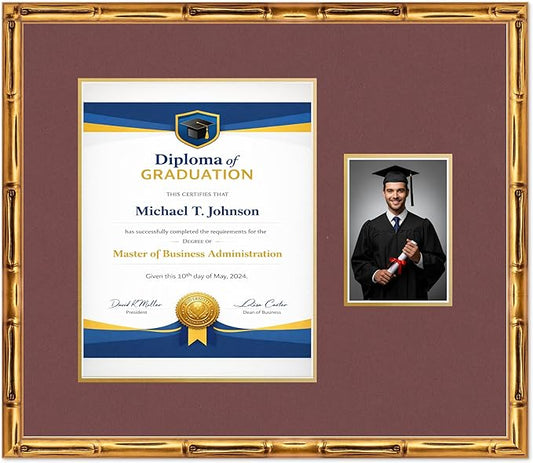 Diploma Frame With Photo Opening Gold Bamboo Dark Red Over Gold Mat - Fits 11 x 14 Degree and Picture Made in the USA