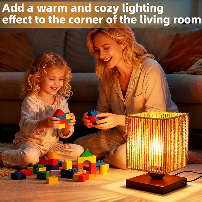 Rattan Table Lamp, Boho Bedside Lamp Vintage Wooden Nightstand Nightlight, Rustic Bamboo Woven End Table Lamps, Handmade Woven Desk Lamp, Christmas Decor for Bedroom, Living, Room Study, Kids Room