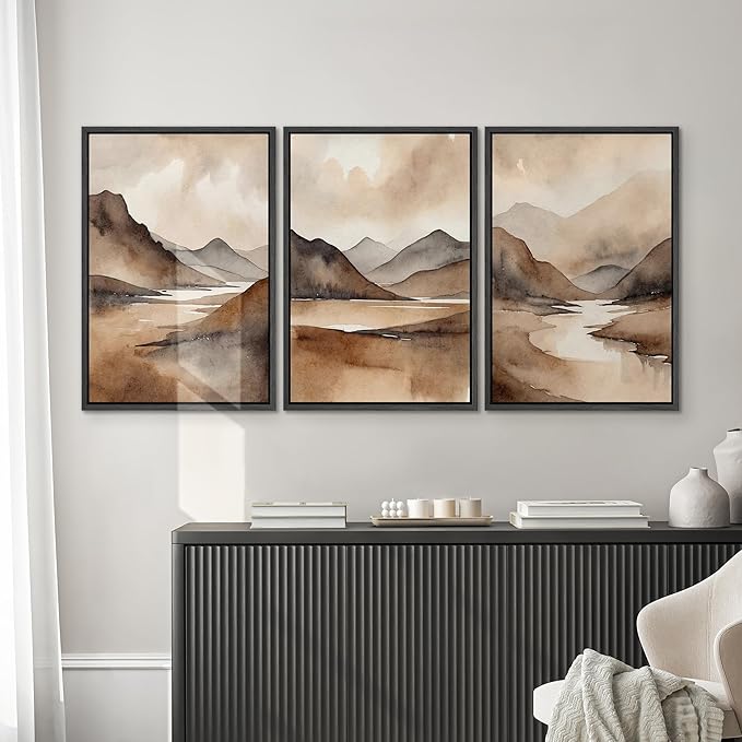 SIGNWIN Framed Canvas Print Wall Art Set Landscape Serene Mountain and River Scene in Warm Earth Tones Illustrations Modern Art Decorative Abstract for Living Room, Bedroom, Office - 24"x36"x3 Black