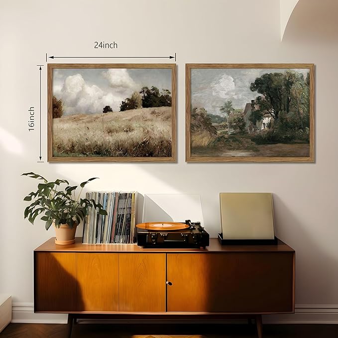 Framed Vintage Landscape Wall Art Set of 2, Rustic Farmhouse Field Canvas Wall Decor Paintings, Retro Nature Country Artwork Prints Pictures for Living Room Bedroom Home Decor 16x24 Inch