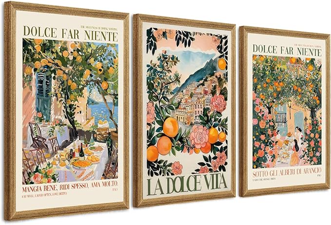 SYWENNOI 3 Pieces Wood Framed Italy Scenes Canvas Wall Art, Tuscan Wall Decor for Living Spaces, Vintage City Landscape Art Poster Prints for Bedroom Dining Room Ready to Hang 20x30x3 inches