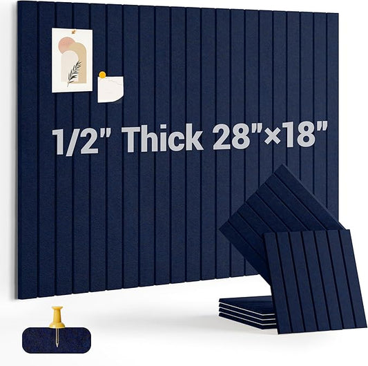 1/2" Thick Cork Board for Office, 6 Pack Felt Wall Tiles -28"x18" with Safe Adhesive Tabs, Large Bulletin Board, Push Pin Board Organizer Wall - Dark Blue