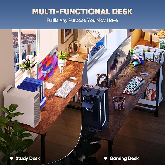 DUMOS 47 Inch Small Computer Desk for Home Office, Modern Study Work Table Simple Style for Bedroom, WritInchg Desks with X-Shaped ReInchforcement, Wood Brown