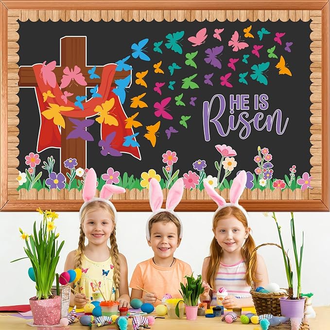 Easter Christian Bulletin Board Set He is Risen Paper Cutouts Butterfly Classroom Decoration Easter Butterfly Flowers Bulletin Board for Sunday Spring School Church Party Home Chalkboard Decor