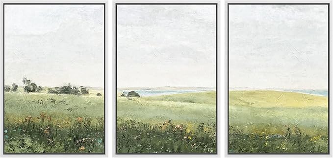 SIGNWIN Framed Canvas Print Wall Art Set Green Pasture Countryside Flower Field Nature Abstract Illustrations Modern Art Decorative Nordic Rustic for Living Room, Bedroom, Office - 16"x24"x3 White