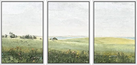 SIGNWIN Framed Canvas Print Wall Art Set Green Pasture Countryside Flower Field Nature Abstract Illustrations Modern Art Decorative Nordic Rustic for Living Room, Bedroom, Office - 16"x24"x3 White