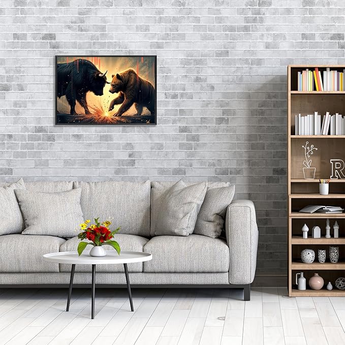 Trendy Bull And Bear Confrontation Wall Art Funny Bull And Bear Stock Market Canvas Posters Funny Animal Prints Painting For Office Living Room Wall Decor 16x24in Framed