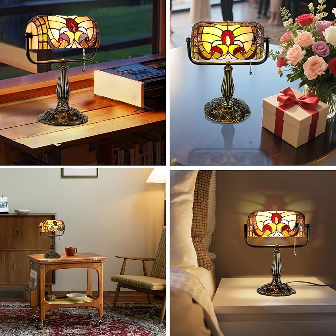 Tiffany Bankers Desk Lamp with Adjustable Shade, Baroque Style Stained Glass Piano Light with LED Bulb, Handmade Vintage Tiffany Desk Lamp for Office, Study, or Bedroom Décor.