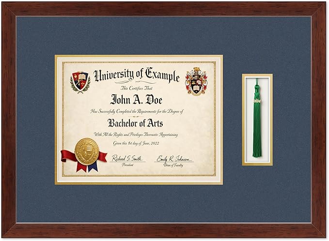 CountryArtHouse Diploma and Tassel Frame Fits 11 x 8.5 US Letter Certificate with Tassel Rustic Walnut Genuine Hardwood Shadowbox with Navy Blue Over Metallic Gold Double mat