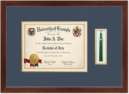 CountryArtHouse Diploma and Tassel Frame Fits 11 x 8.5 US Letter Certificate with Tassel Rustic Walnut Genuine Hardwood Shadowbox with Navy Blue Over Metallic Gold Double mat
