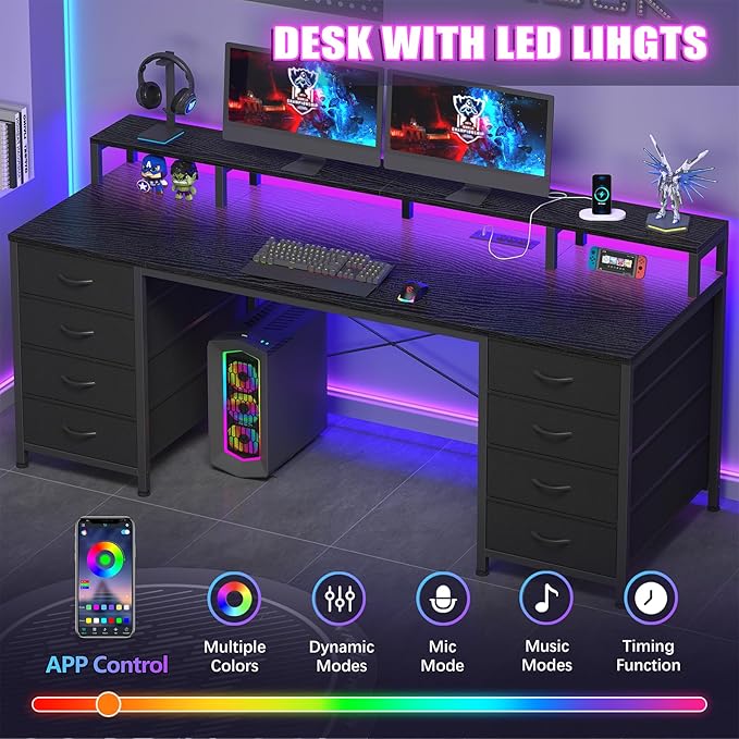60 Inch Computer Desk with 8 Drawers, Gaming Desk with LED Lights & Power Outlets, Home Office Desk with Monitor Stand, Black