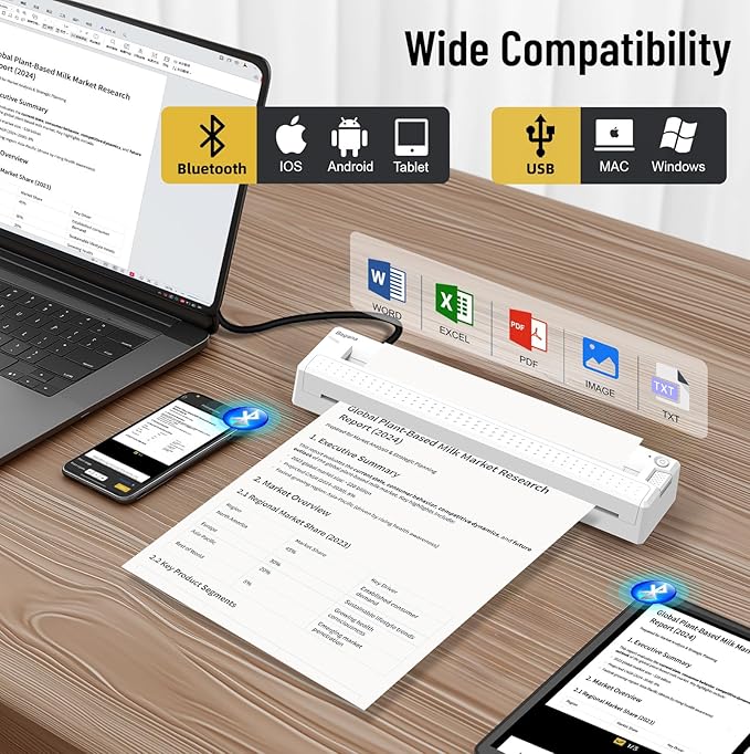 Bagana Inkless Portable Printer, Wireless Thermal Small Bluetooth Mobile Travel Printer for iPhone Android Laptop Supports 8.5x11 Inch US Letter Thermal Paper for Home Office School